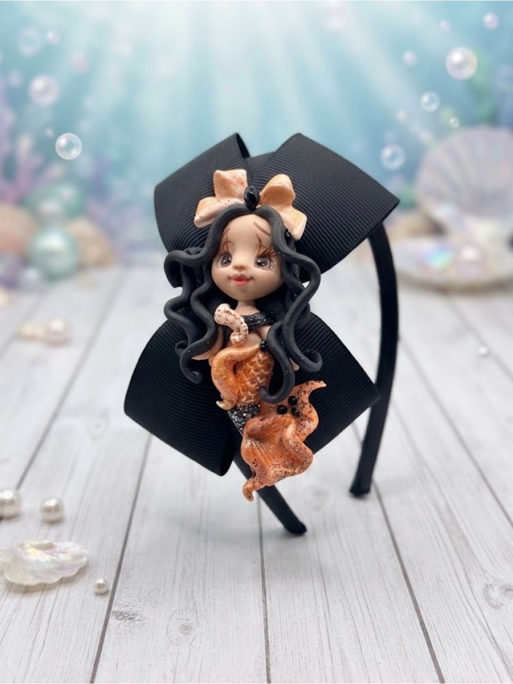 Custom clay Bow Headband with Peach Mermaid Doll Accent